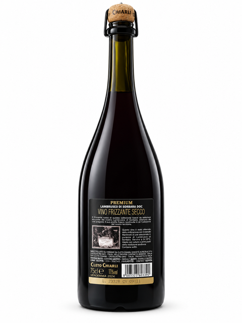 Bottle of Cleto Chiarli Premium Lambrusco di Sorbara Secco 2024, 750ml, 11% alcohol, with black label and cork stopper.