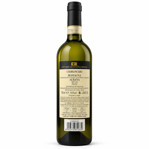 Bottle of Monticino Rosso Codronchio 2022 Dry Albana white wine with label details, 14.5% ABV, from Italy.
