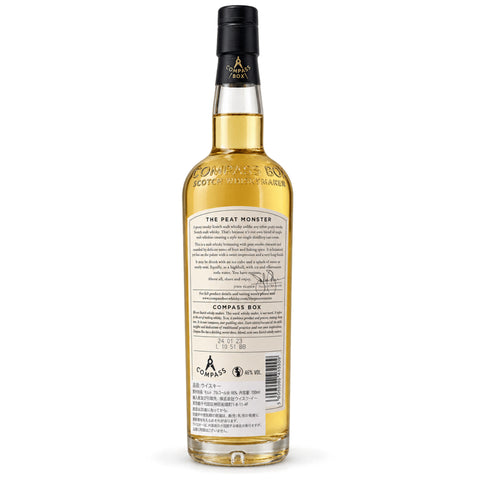 Back view of Compass Box The Peat Monster Blended Malt Scotch 700ml bottle with label details, 46% ABV.