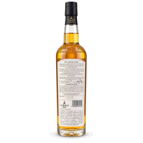 Back of Compass Box The Spice Tree Blended Malt Scotch 700ml bottle showcasing label details and design.
