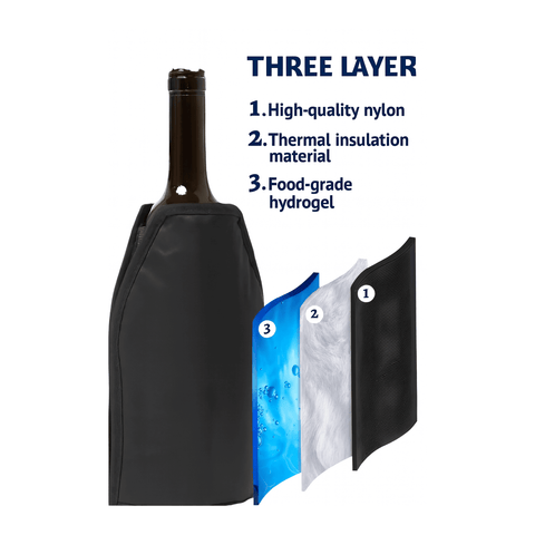 Reusable bottle chilling sleeve with three-layer insulation: nylon, thermal barrier, hydrogel for rapid cooling.