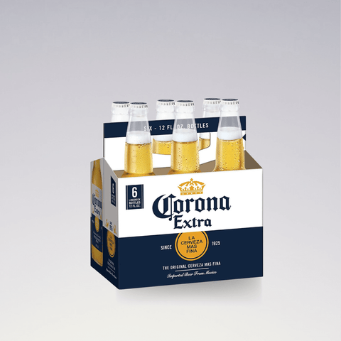 Case of 6 Corona Extra Lager Beer 355ml bottles, 4.5% ABV, brewed in Mexico, perfect for gatherings with a crisp, smooth taste.
