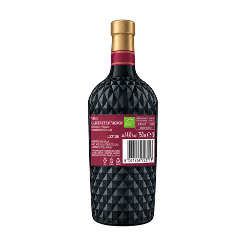 Corvezzo Cabernet Sauvignon organic Italian red wine in diamond-patterned bottle, 750ml, 14% alcohol, part of 1955 Family Collection.