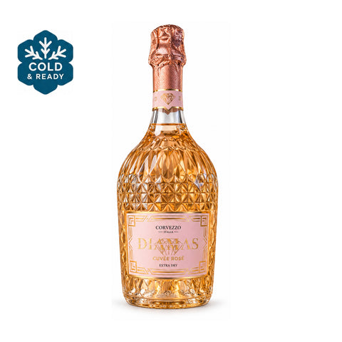 Corvezzo Diamas Cuvée Rosé Extra Dry 750ml 11.5% front bottle with Cold & Ready badge