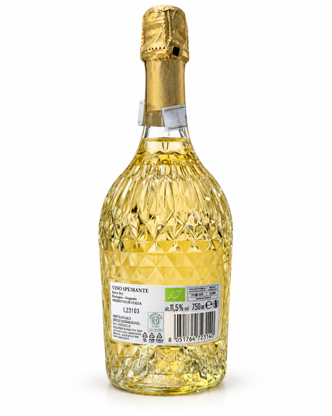 Back of Corvezzo Cuvee Extra Dry Organic sparkling wine bottle showcasing label details, 750ml, 11.5% ABV.