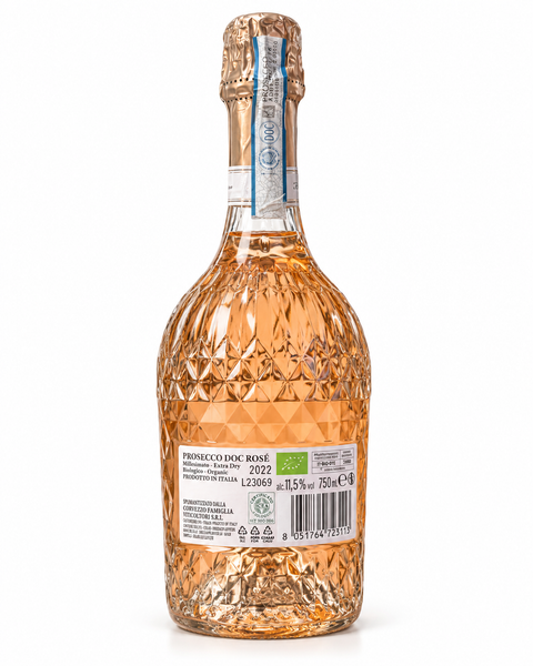 Corvezzo Prosecco DOC Rose Extra Dry 2022 bottle showing back label with organic and vegan certification, 750ml, 11.5% ABV.