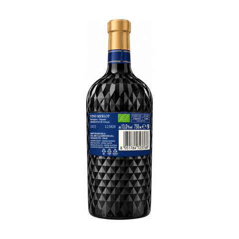 Corvezzo Merlot Organic 2021 Italian red wine in diamond-patterned bottle with blue label, 750ml, 13% alcohol.