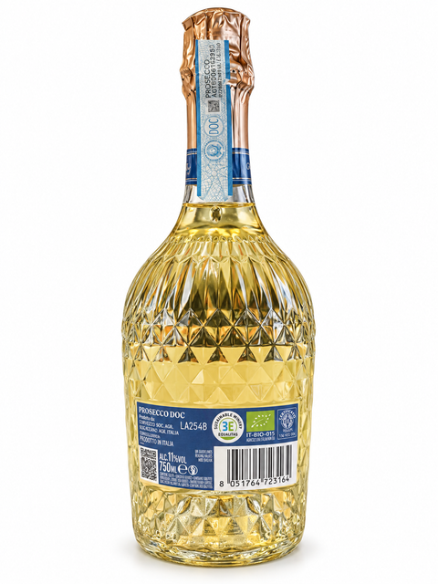 Back view of Corvezzo Prosecco DOC Organic Extra Dry bottle, 750ml, 11%, showing label and unique design.