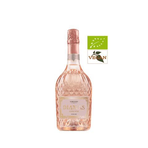Corvezzo Diamas Cuvee Rose Spumante Organic Sparkling Wine 75cl bottle with vegan and organic certification labels.