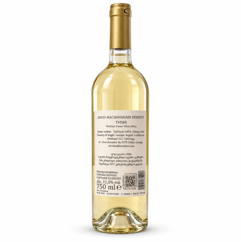 Bottle of David Machavariani Reserve Tvishi Semi Sweet White 2024 wine, 750ml, 11.5% alcohol, Tsolikouri grape from Georgia