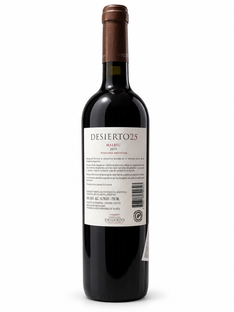 Desierto25 Malbec Red Wine 2019 bottle, 750 ml size, 14.7% ABV, from Bodega del Desierto in Argentine Patagonia, La Pampa region.