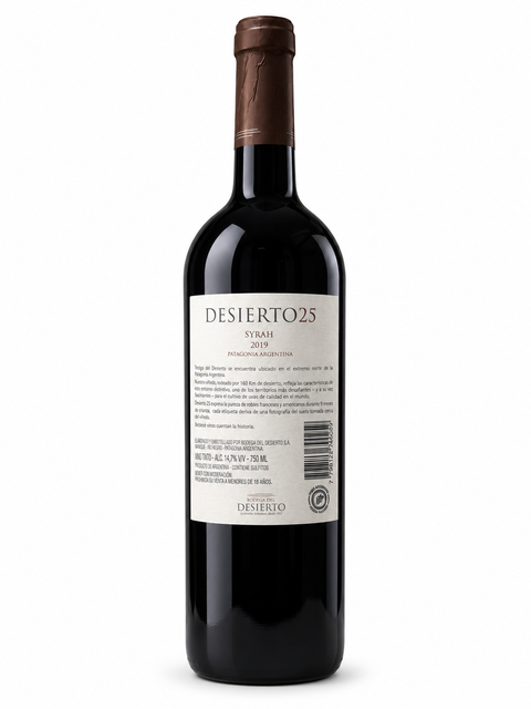 Bottle of Desierto25 Syrah Red Wine 2019 from Argentina, 750 ml, 14.7% ABV, showcasing the label and cork finish.