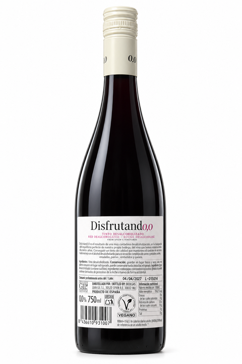 Disfrutando Monastrell Syrah NV Alcohol-Free Red 750ml bottle, Spanish alcohol-free wine with cherry-red color and spicy aroma.