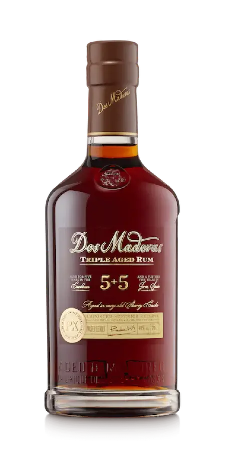 Dos Maderas 5+5 Aged Rum 70cl bottle, deep mahogany color, double-aged in Caribbean and Spanish sherry casks, 40% ABV.