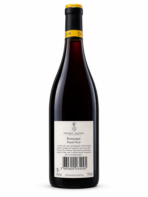 Doudet Naudin Bourgogne Pinot Noir 2022 Dry Red Wine 750ml bottle with 13% alcohol content on a white background.