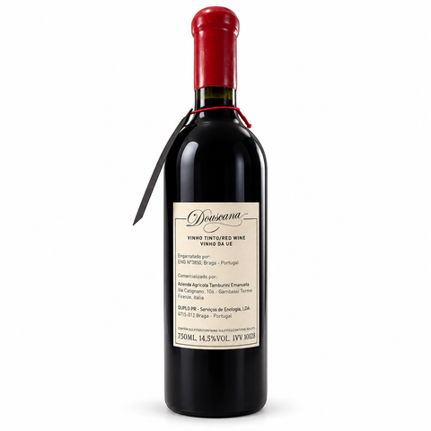 Douscana Sangiovese Touriga 2020 Dry Red Wine 750ml bottle with red cork, 14.5% alcohol content, label text in focus.