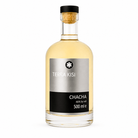 Terra Kisi Chacha 500ml bottle with 46% alcohol, a premium Georgian grape spirit made from Kisi grapes highlighting Georgian heritage.
