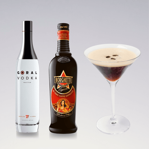 Espresso Martini with vodka and coffee liqueur bottles