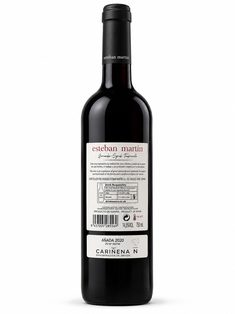 Esteban Martin 6M Garnacha Syrah Tempranillo 2020 Dry Red wine bottle displaying back label and design.