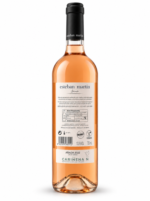 Esteban Martin Garnacha 2022 Dry Rose Wine 750ml bottle with label details, 13.5% alcohol, pink tone, Spanish rose wine.
