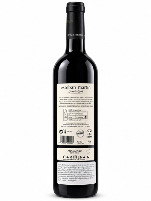 Bottle of Esteban Martin Garnacha Syrah 2022 Dry Red wine, 750ml, 13.5% alcohol, from Cariñena, Spain.