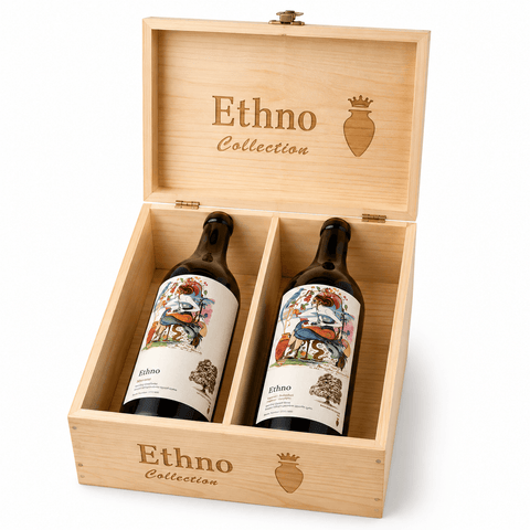 Ethno Limited Collection Red Qvevri Wine 2 Bottles Gift Box (Georgia) in open wooden case, showcasing Saperavi Budeshuri wines.