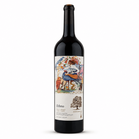 Bottle of Ethno Limited Collection Saperavi Budeshuri Semi-Dry BIO Wine Qvevri 750ml (Georgia) with artistic label design.