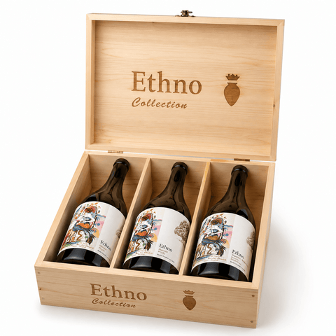 Ethno Limited Collection White Qvevri Wine 3 Bottles Gift Box displayed in an open wooden case, showcasing premium Georgian wine.