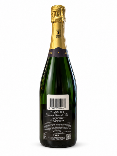 Back view of Veuve Olivier & Fils Carte dOr Brut Champagne 750ml bottle showcasing label and packaging.