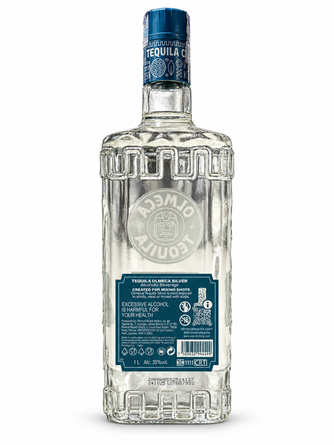Olmeca Tequila Silver 1L 35% back view on white background