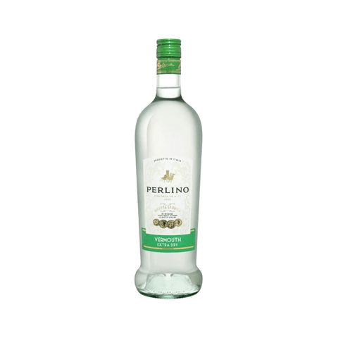 Bottle of Perlino Extra Dry Vermouth 1L, Italian vermouth, 15% ABV, featuring green label and elegant design.