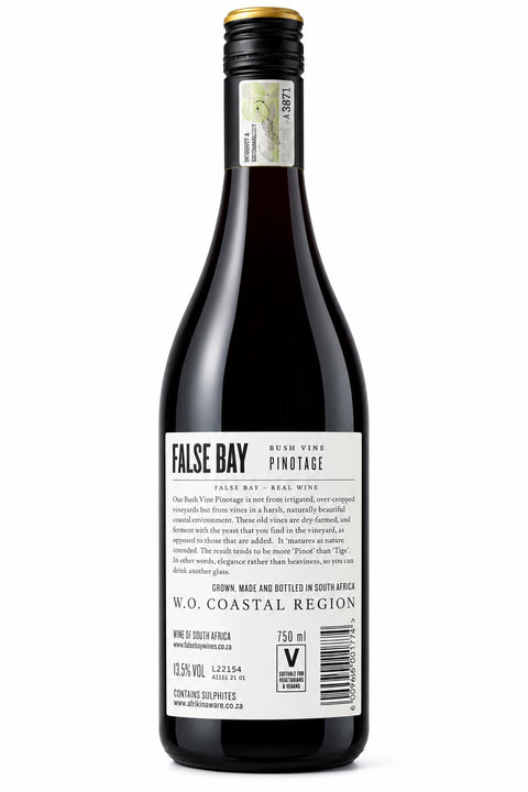 Bottle of False Bay Bush Vine Pinotage 750ml, 2021 red wine with 13.5% ABV, from South Africa.