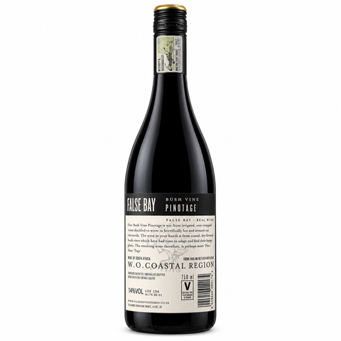 False Bay Bush Vine Pinotage 2021 Dry Red Wine 750ml bottle with screw cap, from the W.O. Coastal Region, 14% alcohol content.