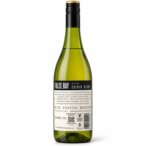 Bottle of False Bay Chenin Blanc 2025 Dry White Wine 750ml with back label details.