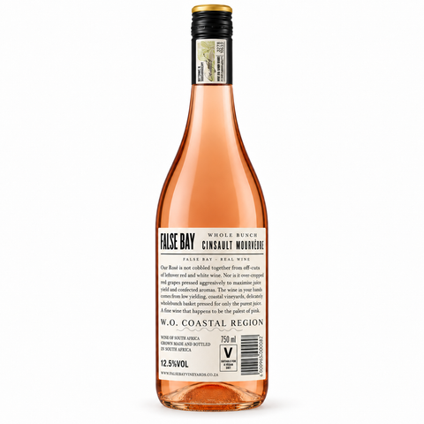 False Bay Cinsault Mourvedre 2022 Dry Rose wine 750ml bottle with label showing 12.5% alcohol and coastal origin.