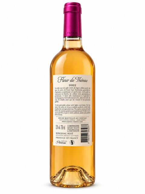 Fleur de Thenac Merlot Rose 2022 Dry Wine 750ml bottle with French labels, 13% alcohol, produced in Bergerac, France.