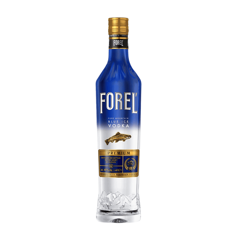 Forel Blue Ice Premium Vodka 700 ml bottle with gold accents, made in Ukraine with Carpathian spring water, 40% alcohol content.