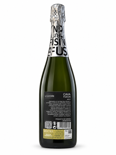 Back view of BR Fusion Cava Brut 750ml bottle, a Spanish sparkling wine with 40% Macabeo, 40% Parellada, 20% Xarel·lo, 12% alcohol.
