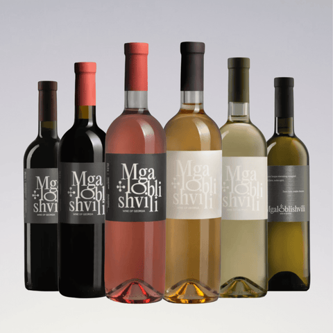 Mgaloblishvili Georgian Wine Collection with minimalist modern label design, featuring bottles from different regions of Georgia.