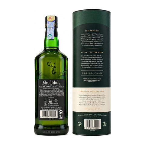 Glenfiddich 12 Year Old Single Malt Scotch Whisky 1L 40% bottle and gift tube back view