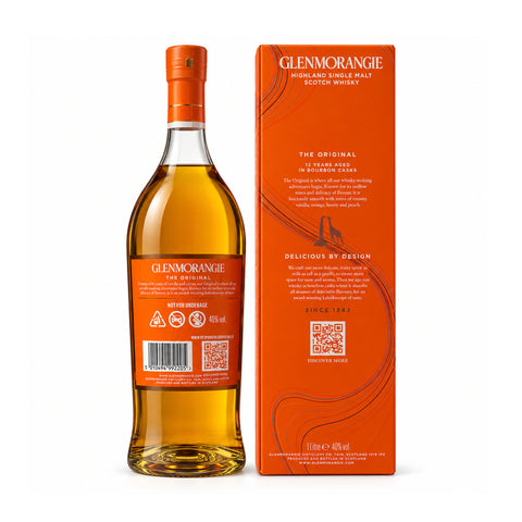 Glenmorangie Original 12 Year Old Single Malt Scotch Whisky 1L 40% bottle and gift box — back view