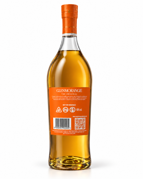 Glenmorangie Original 12Y Single Malt Whisky 1L bottle with orange label, showcasing back view and product details.