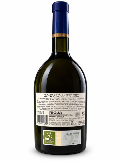 Gonzalo de Berceo Tempranillo Blanco NV Dry White wine 750ml bottle with label showing Rioja designation and 12.5% alcohol content.