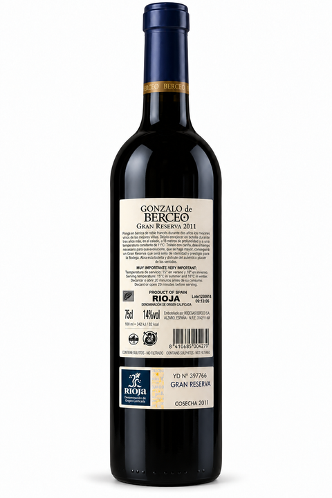 Gonzalo de Berceo Gran Reserva 2011 Dry Red wine bottle, 750ml, Rioja Spain, 14% alcohol content.