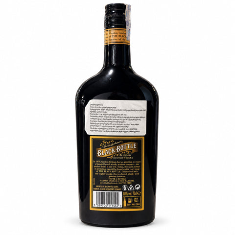 Back view of Gordon Grahams Black Bottle Blended Scotch Whisky 700ml bottle, featuring label details, bottled at 40% ABV.