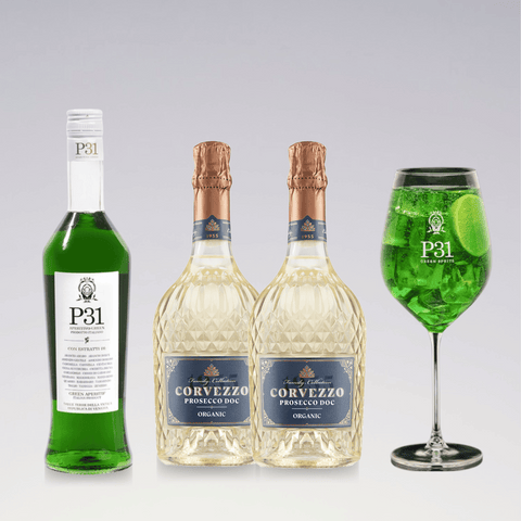 P31 Aperitivo green Spritz cocktail set with Corvezzo Prosecco bottles and a garnished cocktail glass on a white background.