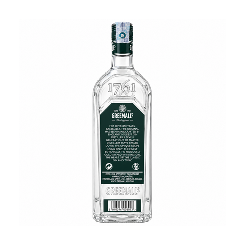 Back label of Greenalls The Original London Dry Gin 1L bottle.