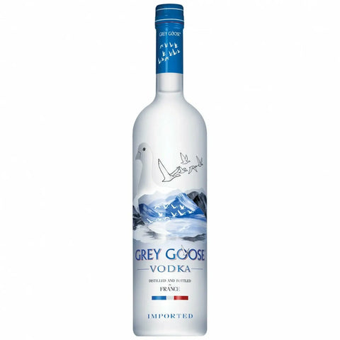 Grey Goose Vodka 1L bottle with French label, featuring iconic logo and premium branding, 40% alcohol, distilled in France.