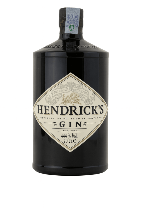 Hendricks Gin 70cl bottle with 41.4% alcohol from Scotland, featuring a classic design, infused with cucumber and rose petals.