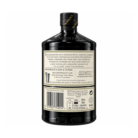 Back of Hendricks Original Gin 700 ml bottle showing label with ingredients and ABV 41.4%, produced in South Ayrshire, Scotland.